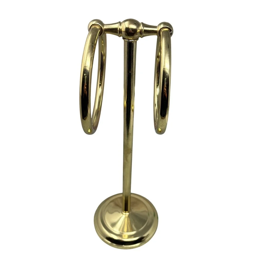 Vintage Polished Brass Double Ring Fingertip Towel Holder Pedestal Stand 13.5